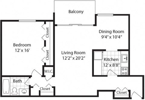 Floor plan for 1 bed, 1 bath, 880 sqft
